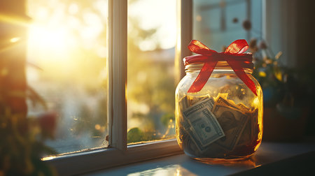 A cozy money jar sits on a windowsill basking in sunlight symbolizing savings and future aspirations.の素材