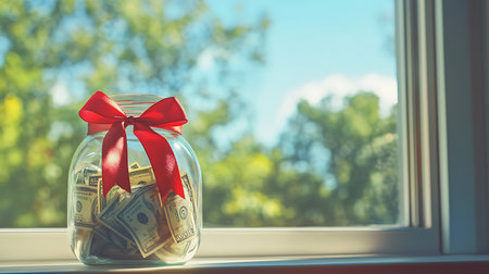 Discover creative ways to save money with a charming jar on the windowsill.の素材