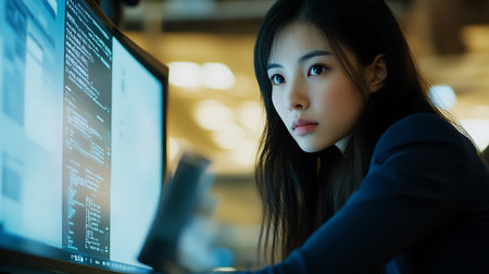 A tech expert immersed in coding showcasing determination in a vibrant office environment.の素材