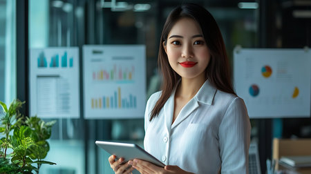 A confident professional woman presents business insights using a tablet in a modern office setting.の素材