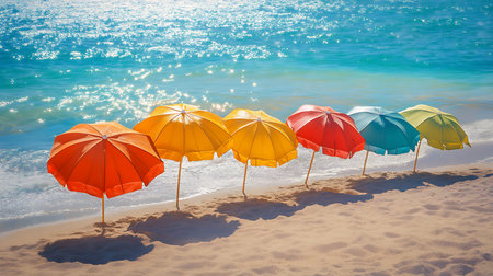 A sunny beach lined with colorful umbrellas creating a vibrant tropical scene.の素材