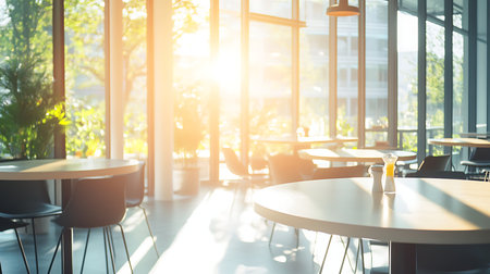 A bright coffee shop interior bathed in sunlight perfect for relaxation or work.の素材
