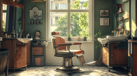 A charming vintage barber shop filled with natural light showcasing classic design elements.の素材