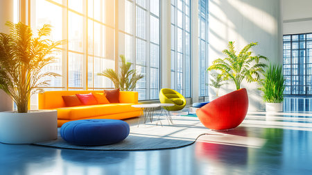 A vibrant living room filled with colorful furniture plants and abundant natural light showcasing modern interior design.の素材