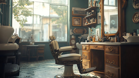 Explore the nostalgic charm of a vintage barber shop showcasing rich details and a cozy atmosphere.の素材