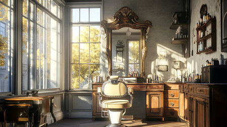 A cozy vintage barber shop bathed in sunlight showcasing a blend of classic design and serene ambiance.の素材