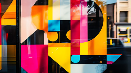 A colorful abstract art display captures urban life with vibrant shapes and tones.の素材