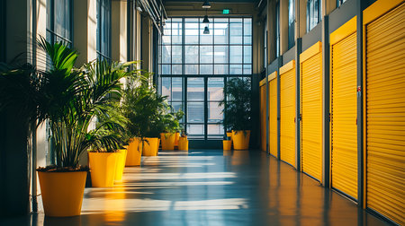 A vibrant urban office corridor featuring yellow storage doors and greenery creating an inviting workspace.の素材