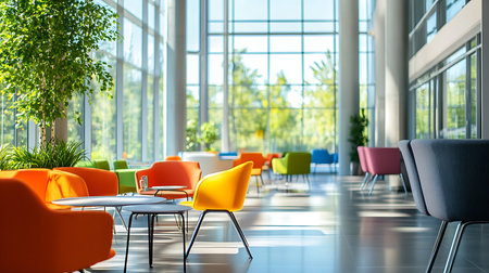 A vibrant office lounge featuring colorful seating designed for comfort and creativity.の素材