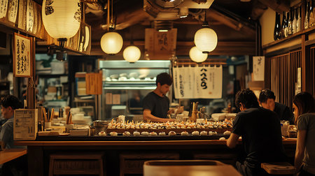 Enjoy a vibrant sushi dining experience in a cozy traditional Japanese restaurant.の素材