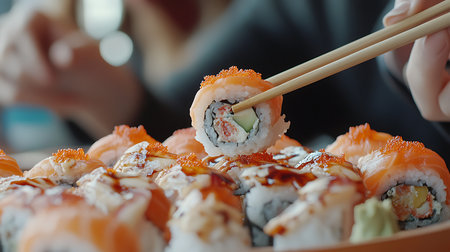 Savor the art of sushi making as fresh ingredients come together in a vibrant culinary experience.の素材