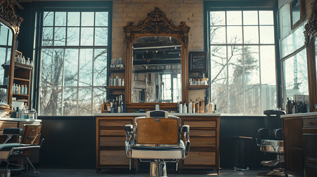 Explore the modern barber shop interior highlighting its stylish design and inviting atmosphere.の素材
