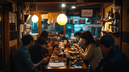A cozy restaurant scene captures diners enjoying flavorful dishes in a warm inviting atmosphere.の素材