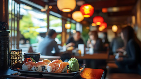A vibrant sushi dish captures the essence of a cozy Japanese dining experience.の素材