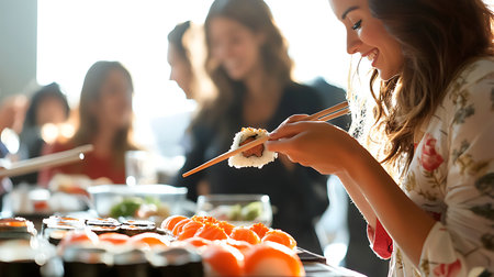 Join the joy of sushi-making as a woman carefully prepares a delicious roll.の素材