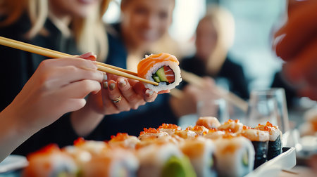 Enjoy the art of sushi-making as diners savor exquisite rolls in a vibrant restaurant atmosphere.の素材
