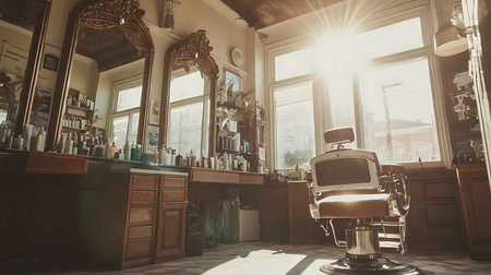 Explore a sunlit vintage barber shop showcasing classic charm and a welcoming atmosphere.の素材