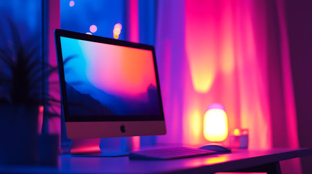 A colorful workspace featuring a computer and soft lighting for inspiration.の素材