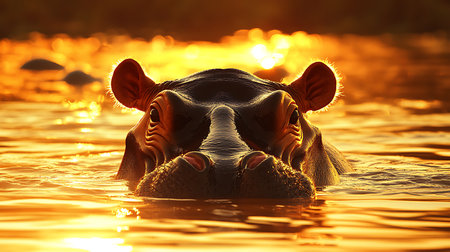 Witness a hippo emerging gracefully from tranquil waters illuminated by a stunning sunset.の素材