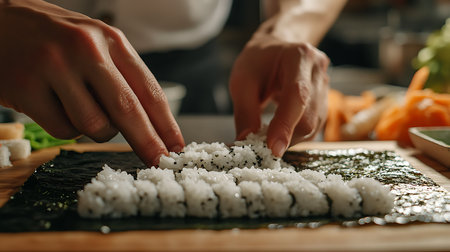 A chef skillfully prepares sushi rolls showcasing culinary techniques in a vibrant kitchen.の素材