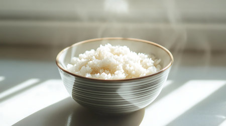 A steaming bowl of rice sits invitingly in a cozy kitchen highlighting comfort and warmth.の素材