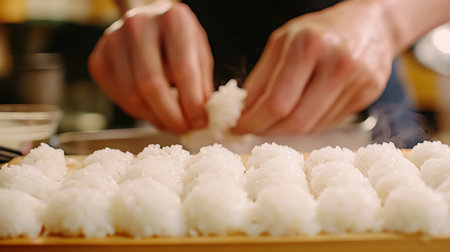 Crafting sushi with precision in a vibrant kitchen showcasing the artistry of culinary skill.の素材