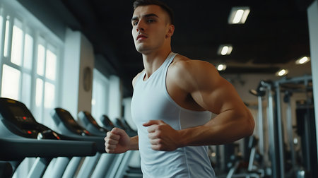 A focused athlete engages in a running workout emphasizing fitness and determination in a gym environment.の素材