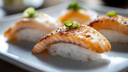 Indulge in exquisite salmon nigiri showcasing culinary artistry in a cozy Japanese restaurant.の素材
