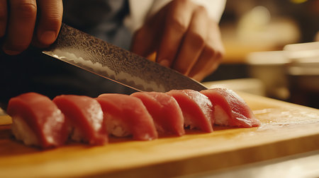 A skilled chef expertly slices fresh tuna for sushi showcasing precision and passion in culinary art.の素材