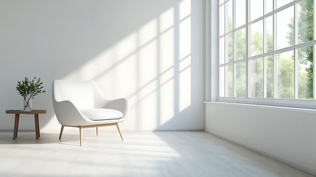 A serene minimalist living room featuring natural light and simple decor for a calming atmosphere.の素材