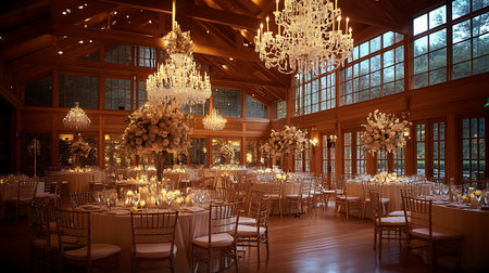 An exquisite indoor wedding reception adorned with chandeliers and floral arrangements.の素材
