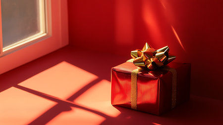 A beautifully wrapped red gift box with a golden bow exudes warmth and charm in a cozy indoor light.の素材