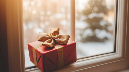 A beautifully wrapped gift box sits on a window sill capturing the warmth of the holiday season.の素材