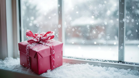 A pink gift sits on a snowy windowsill capturing the essence of winter holidays.の素材