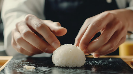 Artisan sushi preparation showcases skill and tradition in a Japanese kitchen.の素材