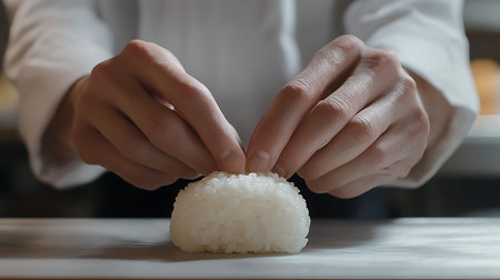 A skilled chef meticulously crafts sushi showcasing the art of culinary precision.の素材