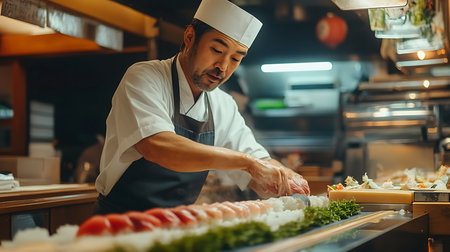 A skilled chef expertly prepares sushi in a vibrant restaurant showcasing traditional techniques and culinary artistry.の素材