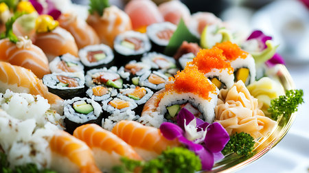 A stunning sushi platter showcases diverse flavors and artistry perfect for culinary enthusiasts.の素材