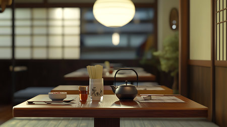 Enjoy a serene dining setting featuring authentic dishes in a traditional Japanese restaurant.の素材