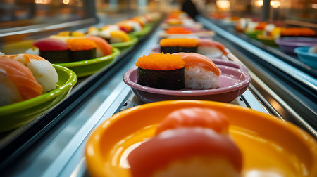 Experience the vibrant sushi conveyor belt at this urban restaurant showcasing a variety of sushi delights.の素材