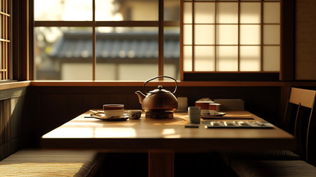 Explore a tranquil tea arrangement in a traditional setting showcasing harmony and simplicity.の素材