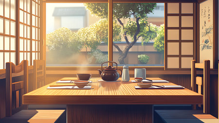 A beautifully set table in a tranquil setting invites guests to enjoy a peaceful dining experience.の素材