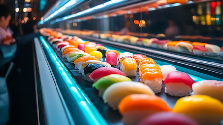 Enjoy a vibrant array of sushi on a conveyor belt in a bustling restaurant setting.の素材
