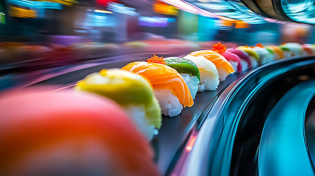 Discover the vibrant sushi journey on a conveyor belt showcasing colorful and fresh culinary creations.の素材