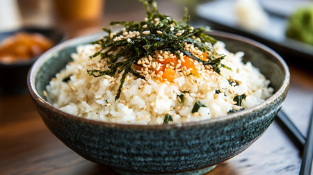 A mouthwatering rice bowl featuring seaweed and egg perfect for food lovers seeking authentic Japanese flavors.の素材