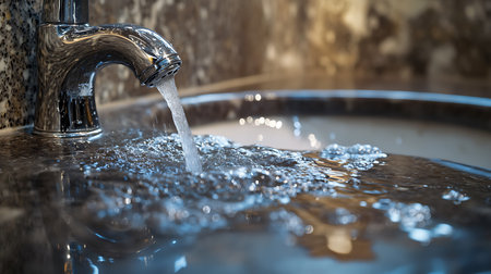 Capturing the smooth flow of water in a stylish bathroom promoting relaxation and cleanliness.の素材