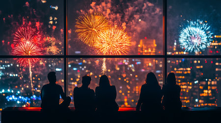 People enjoy a stunning fireworks show over the city on New Year's Eve.の素材