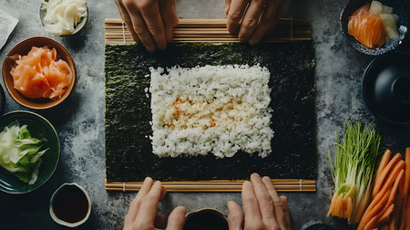Learn sushi rolling techniques in this engaging tutorial perfect for culinary enthusiasts.の素材