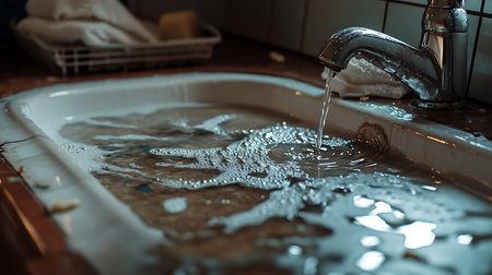 A close-up view of a bathtub overflowing highlighting the importance of water safety in homes.の素材