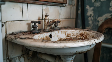 An insight into the neglected state of an abandoned bathroom sink revealing urban decay.の素材